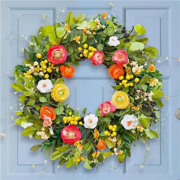 Spring Wreaths for Front Door, Summer Peony Outdoor Wreath, Green Floral - Picture 1 of 7
